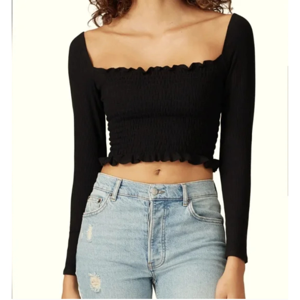 Reformation Sable Smocked Crop Top Stretch Black Long Sleeve, S